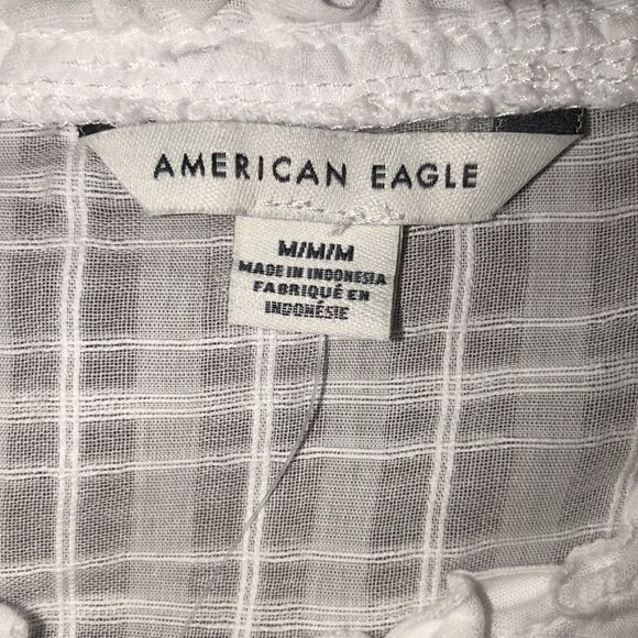 AE M Sheer Crisp White Baby Doll Balloon Sleeve Plaid Blouse - Picture 9 of 13